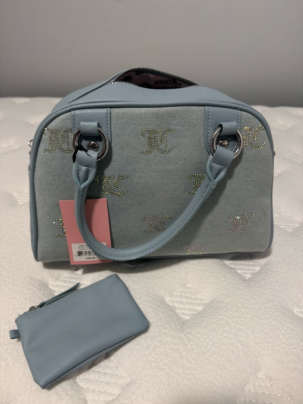 Light Blue Women's Satchel Handbag with Rhinestone Accent